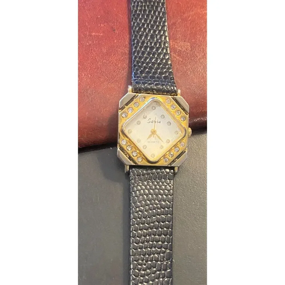 VTG Two Tone Sonia Watch, Crystal Accents, Black Leather Band